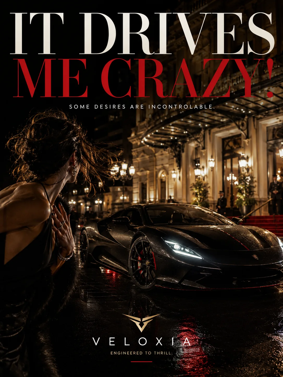 Affiche : devant un palace éclairé sous la pluie, une femme en robe noire se retourne vers une sportive à l'arrêt. Titre : It drives me crazy!