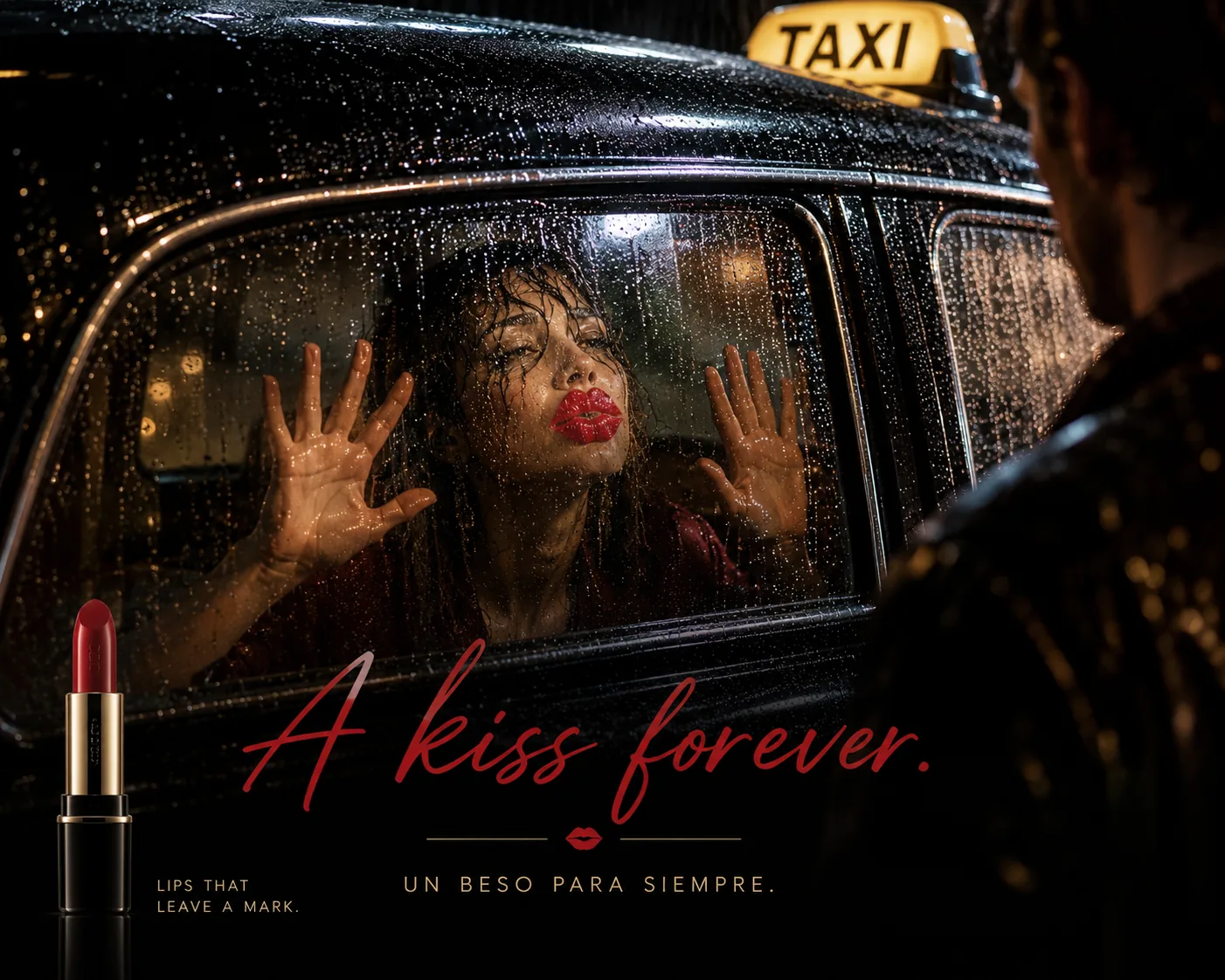 Affiche : à l'arrière d'un taxi sous la pluie, une femme presse ses lèvres rouges contre la vitre et y laisse sa marque. Titre : A kiss forever.