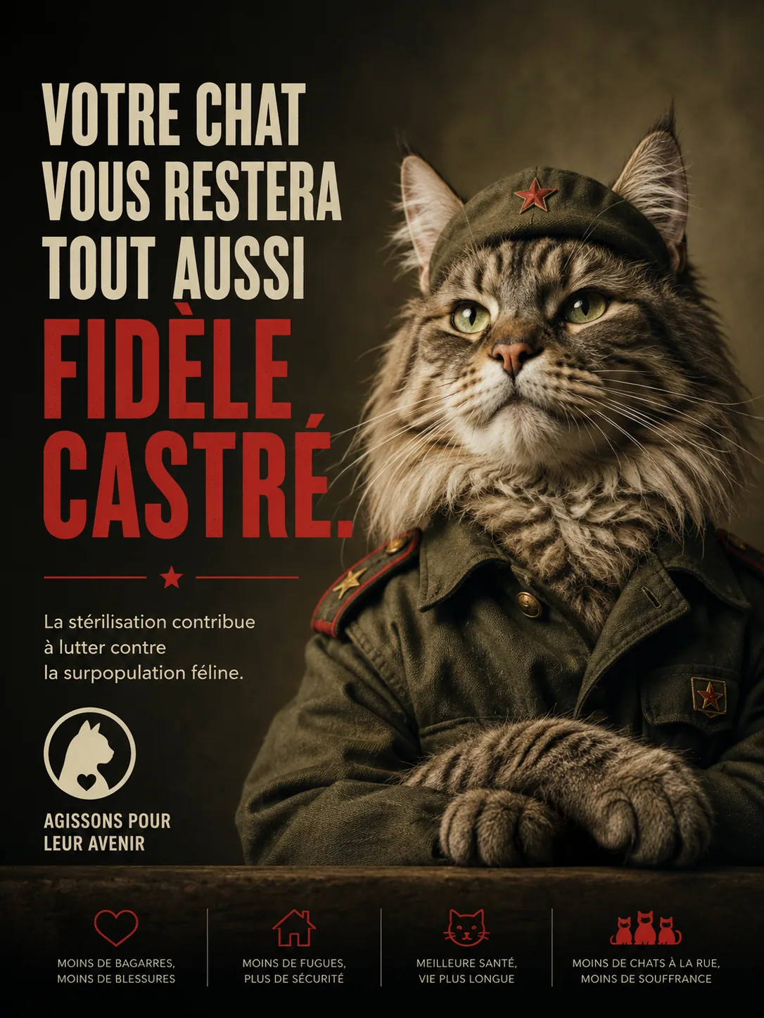 Affiche : un chat en vareuse militaire, pattes croisées, fixe l'objectif. Titre : Votre chat vous restera tout aussi fidèle castré.