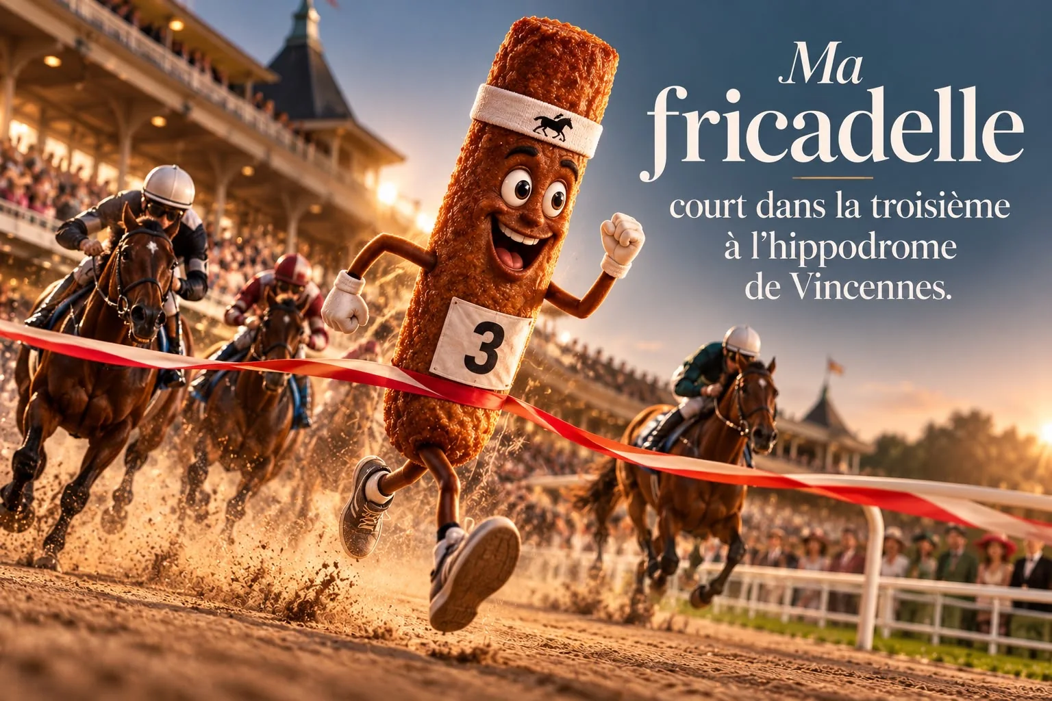 Affiche : une fricadelle à bandeau et dossard numéro 3 franchit la ligne d'arrivée devant des chevaux de course lancés au galop, sous les tribunes d'un hippodrome. Titre : Ma fricadelle court dans la troisième à l'hippodrome de Vincennes.